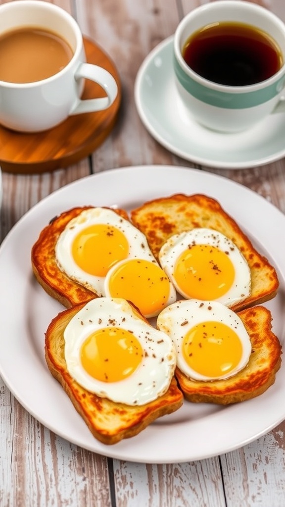 Air fryer toast with eggs, golden brown bread topped with runny yolks, served on a rustic table with coffee.